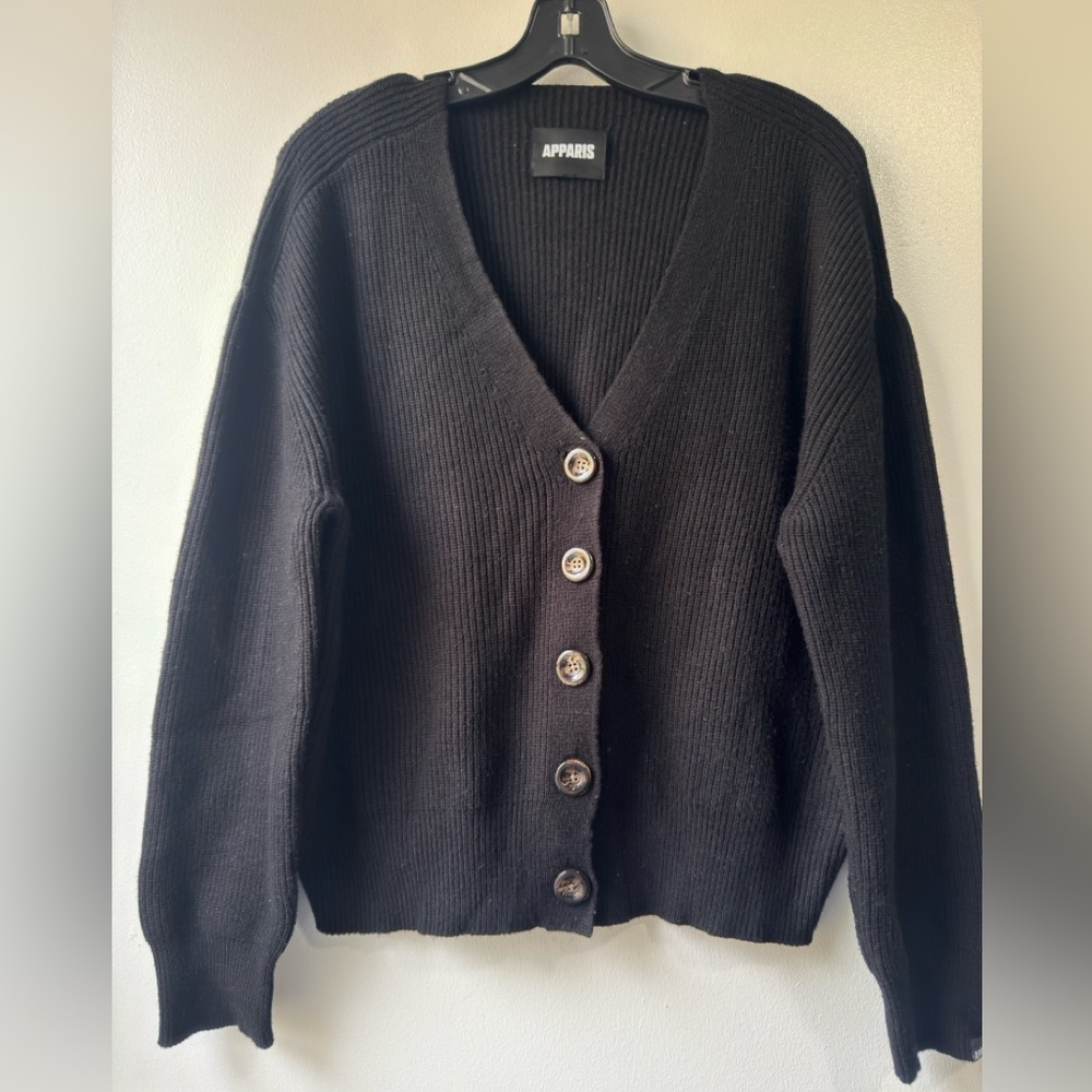 Apparis Black Button-Up V-Neck Ribbed Knit Italy Cozy Cardigan